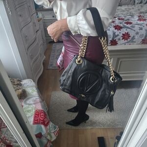 Mario Valentino Black Leather Tote with Gold Chain